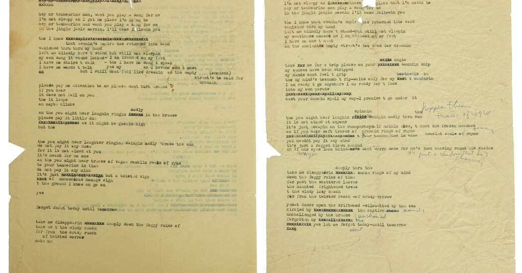 Bob Dylan’s Draft of Lyrics, Once Tossed in Trash, Sells for 0,000