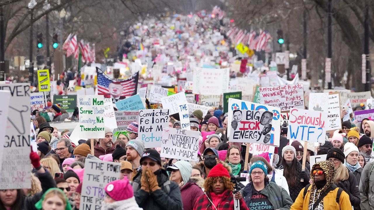 Thousands of left wing demonstrators descend on Washington to protest Trump inauguration