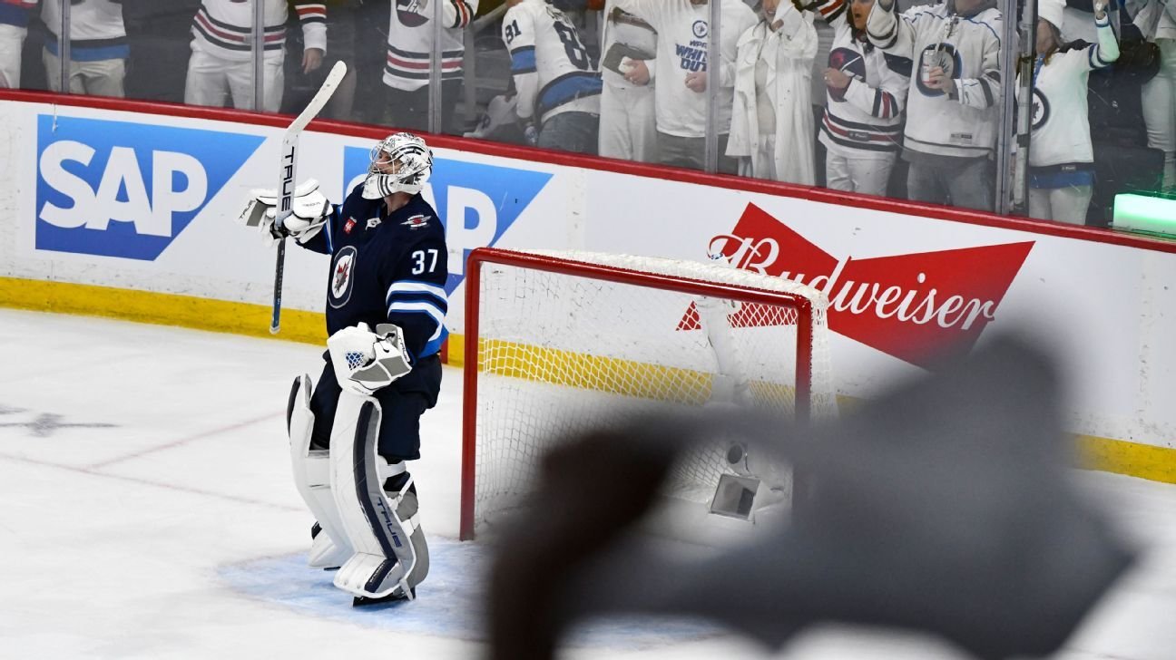 Connor Hellebuyck shuts out Stars in Game 2 as Jets tie series Connor Hellebuyck shuts out Stars in Game 2 as Jets tie series