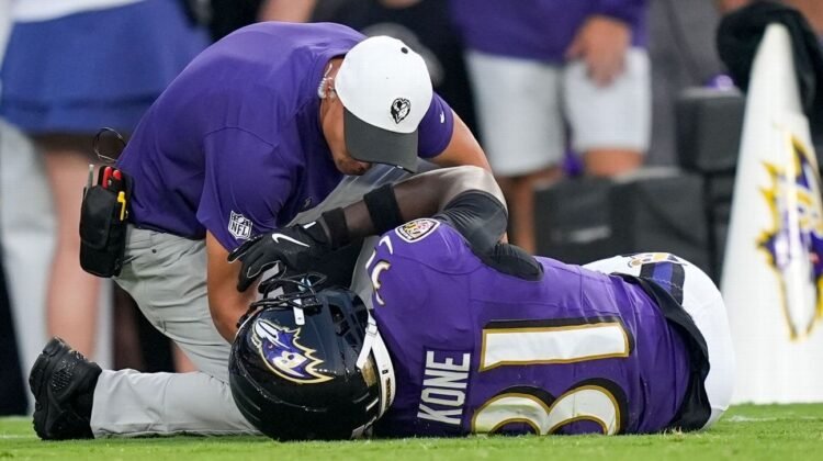 Ravens rookie Bilhal Kone carted off after gruesome knee injury