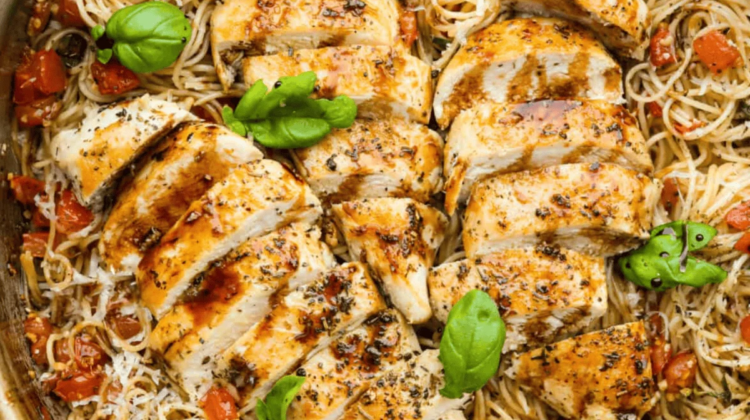 Bruschetta Chicken Pasta with Fresh Tomatoes and Basil
