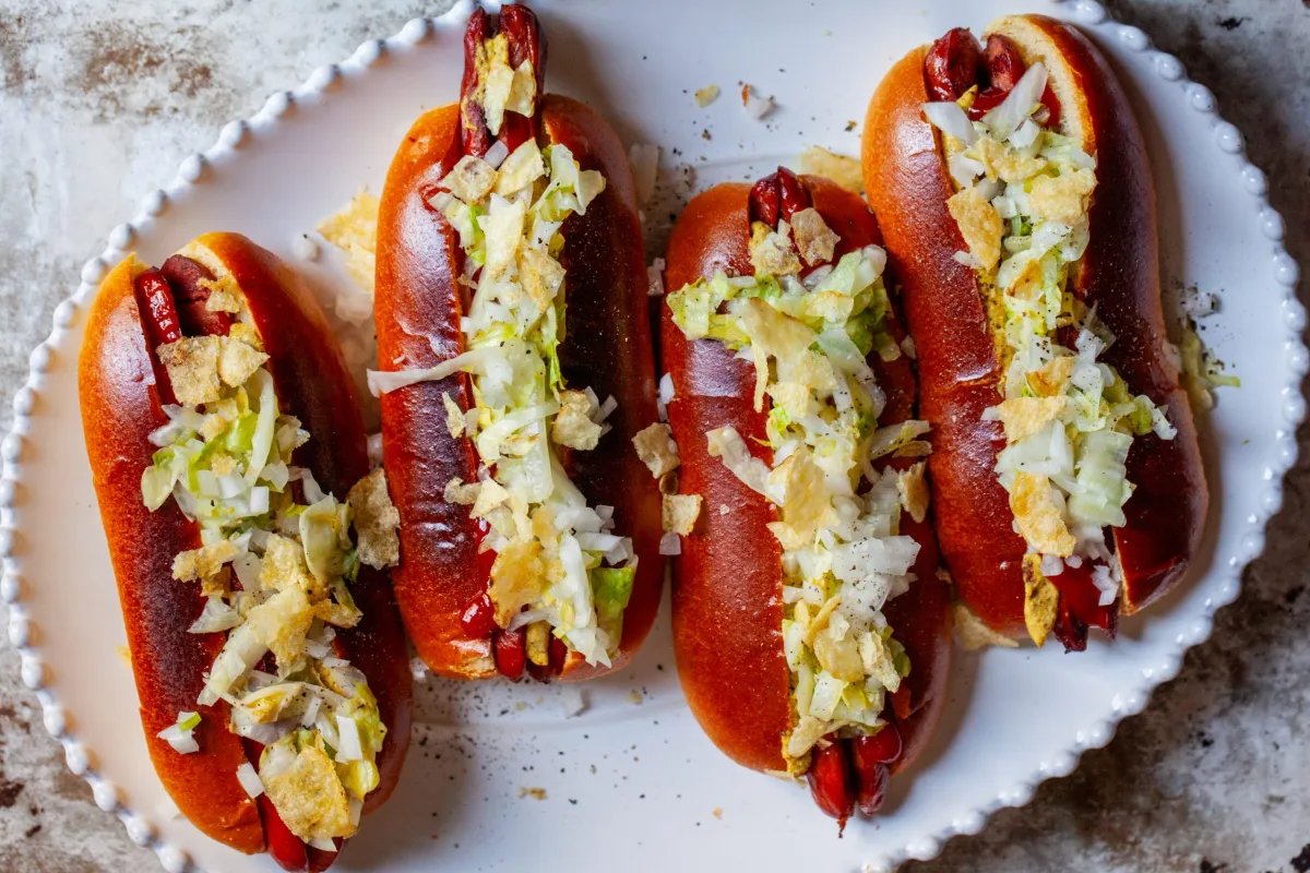 hot dogs with vinegared iceberg and potato chips –…